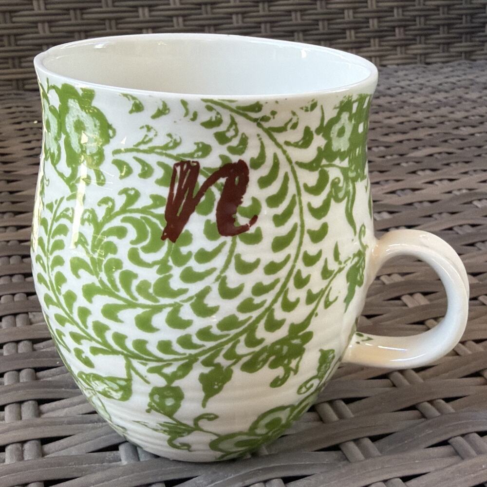 ANTHROPOLOGIE Monogram Initial "N" Coffee Tea Cup Mug HOMEGROWN Green Floral - Picture 10 of 10